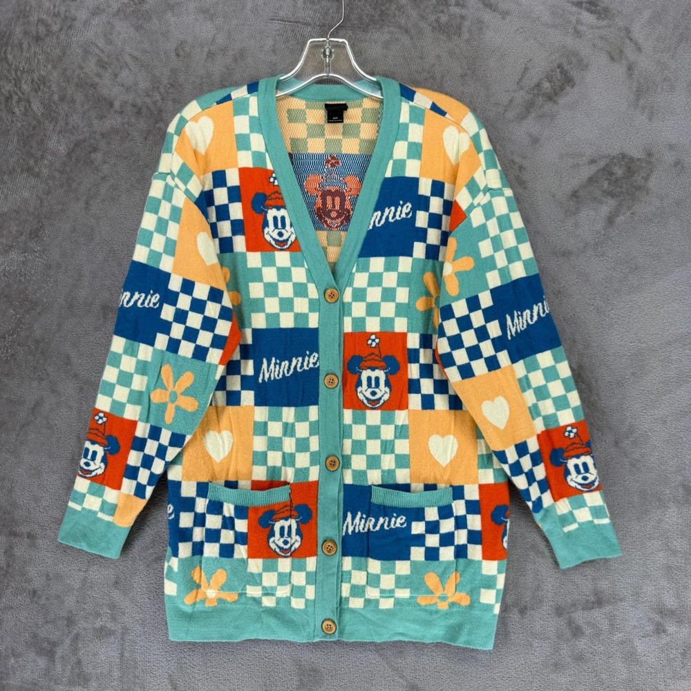 Disney Minnie Mouse Cardigan Sweater Womens Medium Multicolor Patchwork Knit
